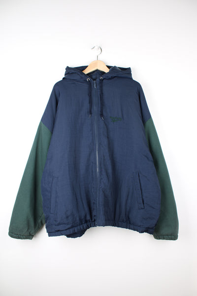 Vintage Reebok zip through hooded jacket in green and blue, features embroidered logo on the chest and back and cotton sleeves