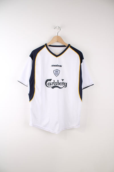 Vintage Liverpool, Reebok 2001/03 Away Football Kit in a white and black colourway, v neck, and has the logos embroidered on the front.