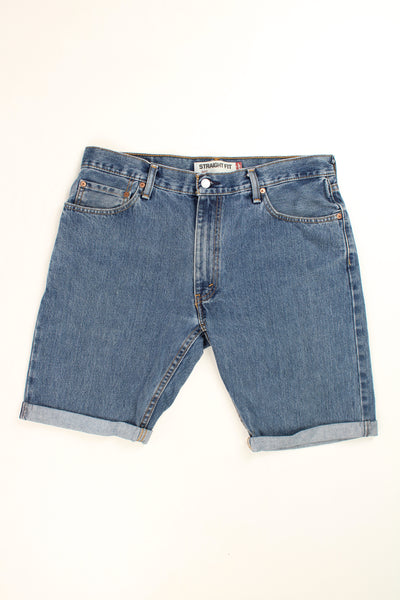 Levi's 505 straight fit blue denim jorts with embroidered details on the back pockets