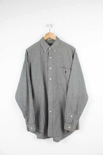 Ralph Lauren green plaid button up shirt with embroidered logo on the chest pocket