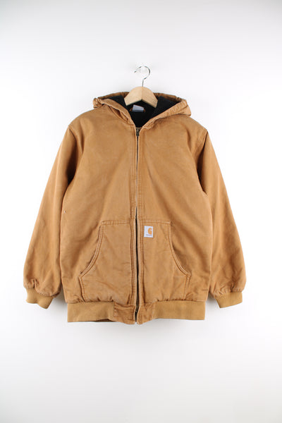 Carhartt Active Jacket in a tanned colourway, zip up with a hood, side pockets, and has the logo embroidered on the front.