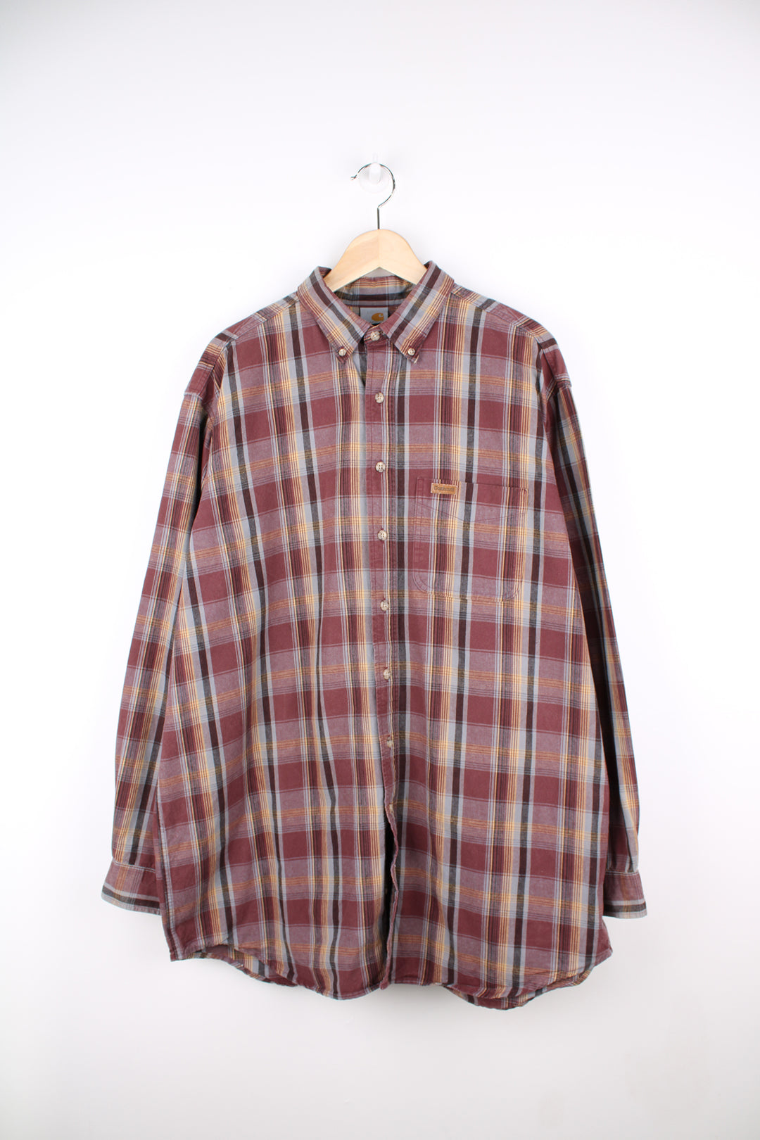 Carhartt maroon/brown and grey plain cotton button up shirt, features embossed logo on the chest pocket