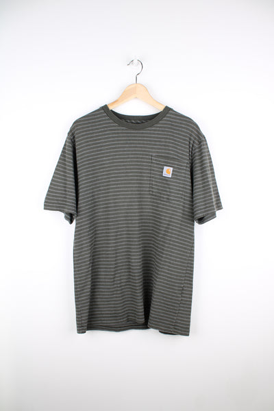 Carhartt green striped cotton , original fit t-shirt. Features branded chest pocket