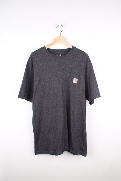 Carhartt dark grey, loose fit cotton t-shirt. Features branded chest pocket