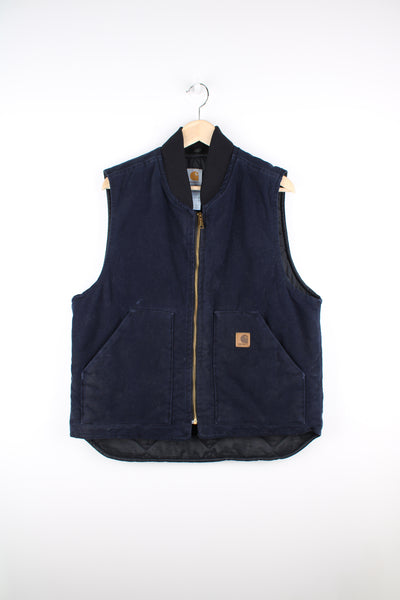 Carhartt indigo blue, zip through heavy duty cotton gilet made in the USA, features signature square label on the pocket