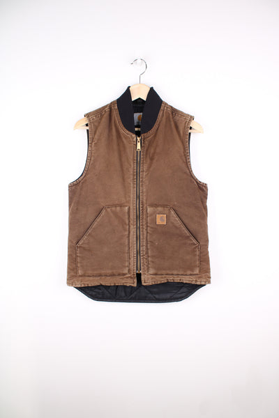 Brown Carhartt heavy duty cotton workwear gilet with quilted lining and double pockets