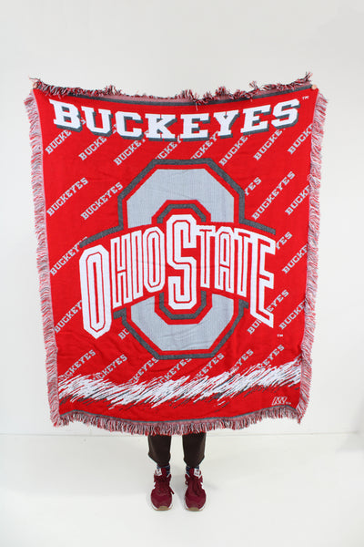 Ohio State Buckeyes American football woven tapestry blanket with fringe edges 
