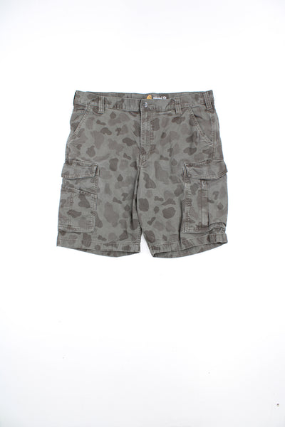 Carhartt dark green camouflage cargo shorts with branded logo on the waistband 