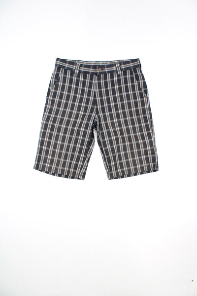Dickies black, grey and green plaid cotton shorts with logo on the leg pocket 