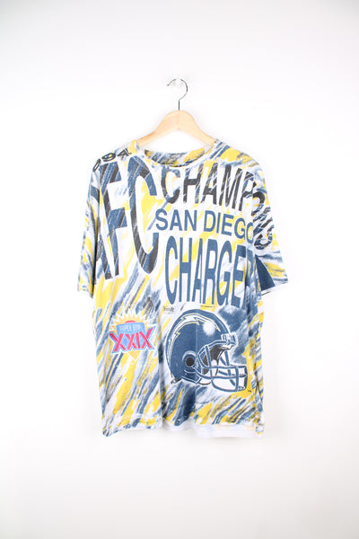 Vintage San Diego Chargers Magic Johnson T's Super Bowl XXIX Shirt. Features all over print good condition Size in Label: Mens XL