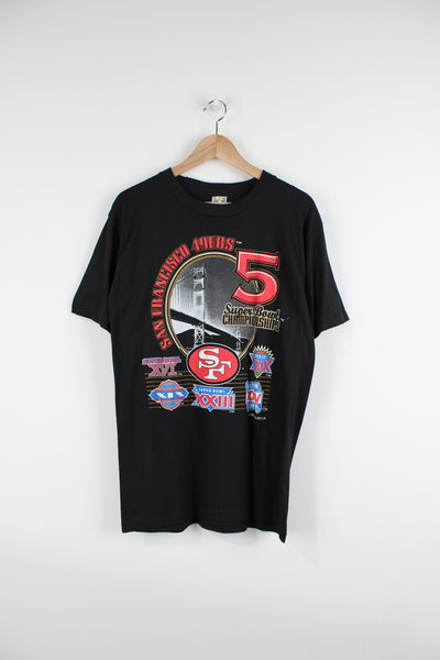 Vintage  100% cotton, made in the USA black t-shirt with printed spell-out San Francisco 49ers graphic on the front  