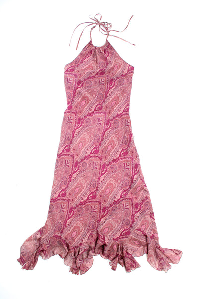 Y2K 100% silk pinky purple paisley halter neck maxi dress by Monsoon, features all over paisley design and ruffled hem 