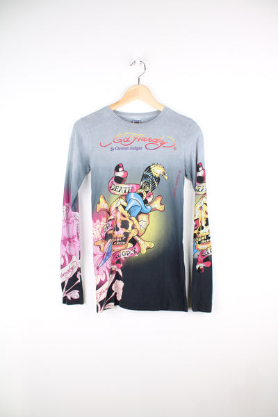 Y2K Ed Hardy grey long sleeve t-shirt with floral skull graphic on the arms/ front Ed Hardy logo on the back. good condition Size in Label: Womens XS