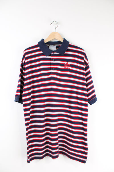 Vintage Adidas blue, red and grey striped polo shirt with embroidered Adidas logo.