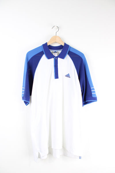 Vintage 90's Adidas white and blue Polo shirt with embroidered Adidas logo.