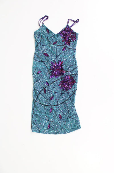Y2K Karen Millen purple / blue embellished cocktail dress, features all over sequins and beaded floral design