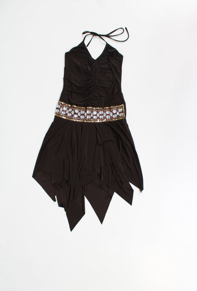 Y2K brown halter neck dress with embellished waist band a ruched bodice, made from stretchy fabric 