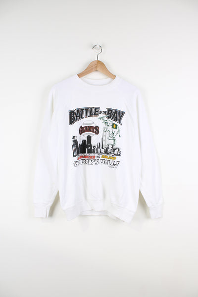 Vintage MLB 1989 Battle Of The Bay San Francisco Giants vs Oakland Athletics  white crewneck sweatshirt with printed graphic on the chest