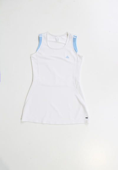 Adidas white with baby blue tennis dress, features embroidered logo on the chest 