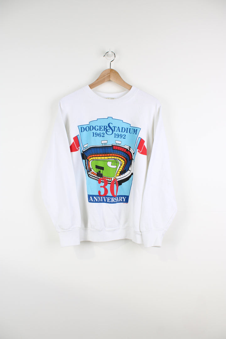 Vintage Dodgers Stadium, 30th Anniversary graphic sweatshirt in white. Made in the USA by Fruit of the Loom 