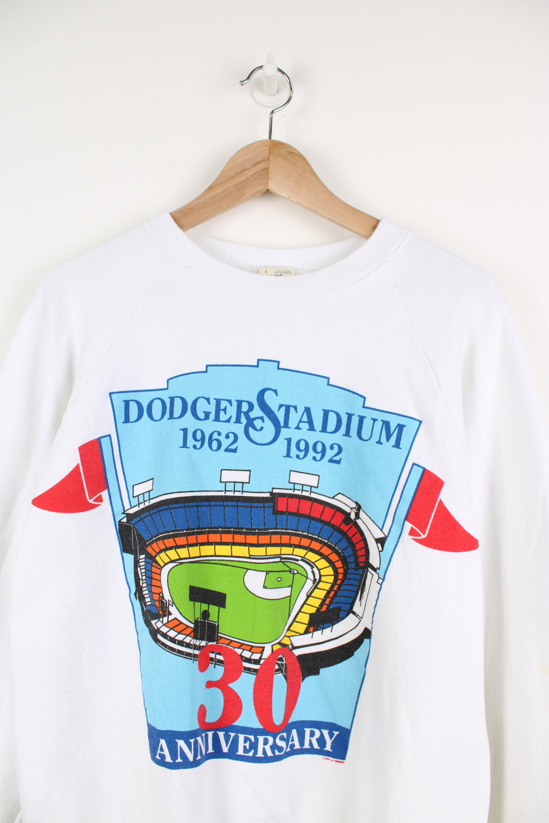 Vintage Dodgers Stadium, 30th Anniversary graphic sweatshirt in white. Made in the USA by Fruit of the Loom 