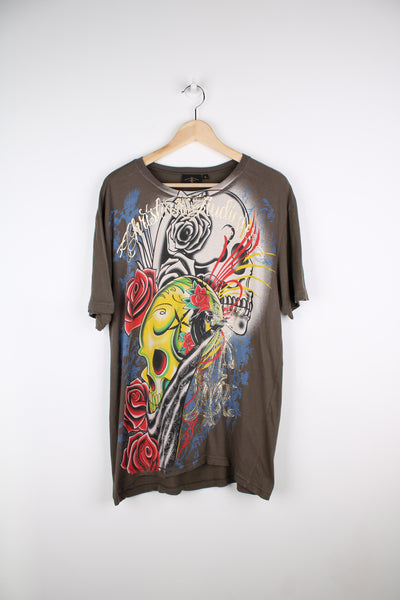 Y2K Christian Audigier/ Ed Hardy brown slim fit t-shirt with printed floral skull/ puma graphic on the front and back. good condition Size in Label: Womens XL