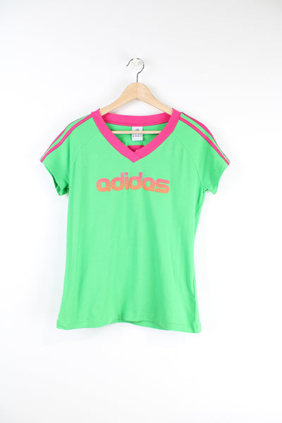 Vintage 00's Adidas green and pink v neck T-shirt with Adidas spell-out across the chest.