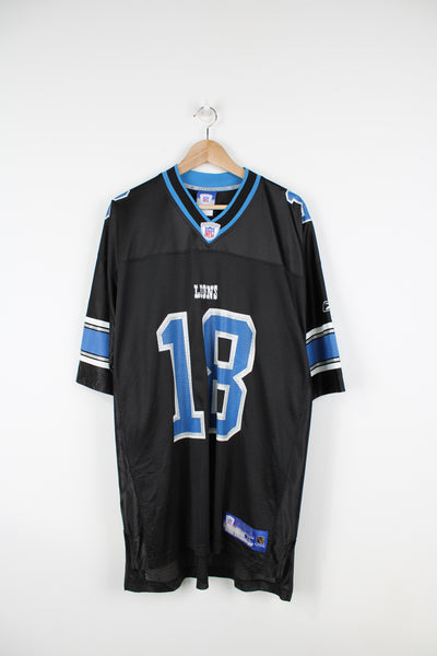 Detroit Lions x Eddie Drummond #18 black jersey by Reebok, features printed spell-out details on the front and back