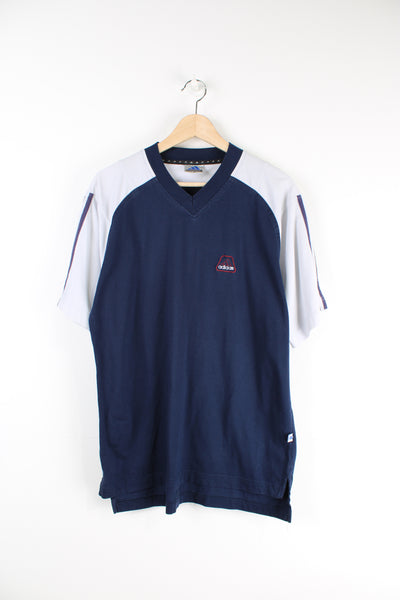 Vintage 00's Adidas v neck blue and white t-shirt with embroidered  logo on the chest.