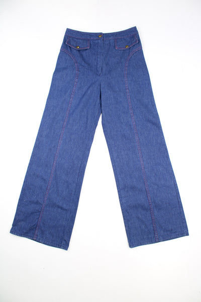 Vintage Sears 70's Flared Trousers in a blue colourway with red contrast stitching throughout, high waisted, 100% cotton, and has no pockets only decorative.