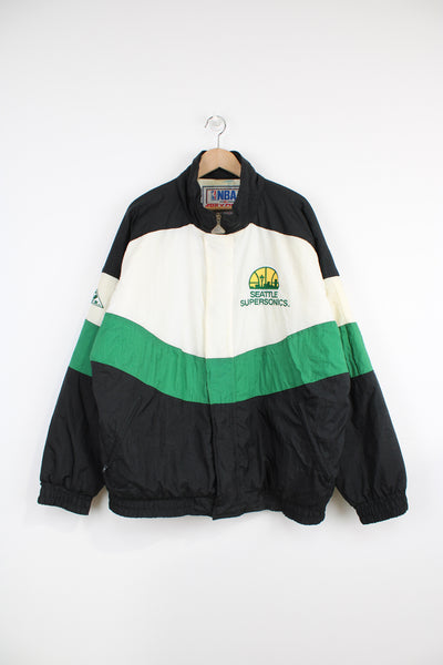 Vintage rare 90s black green and white Seattle Supersonics NBA bomber jacket. Made by Apex One. Features embroidered logos on the chest and back. Closes with a full zip and snap buttons. Good Condition - Has marks on the back/ white sections and its missing its hood (see photos). Size in Label: Mens XL