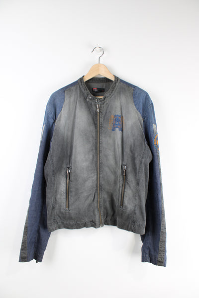 Vintage Diesel zip through biker style denim jacket, features embroidered badges on the chest and shoulder