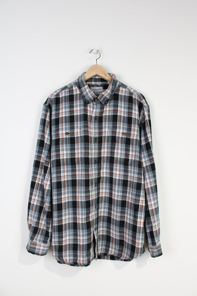 Carhartt relaxed fit, grey plaid button up shirt with branded chest pocket