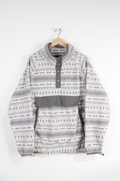 Carhartt relaxed fit, grey patterned 1/4 zip teddy fleece, with large front pocket 