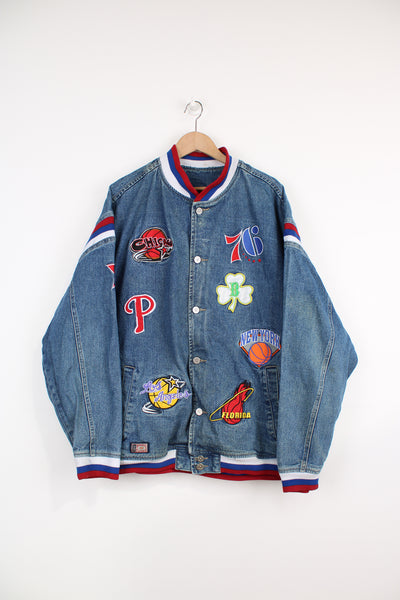 90's Hardball Classics denim bomber/ varsity jacket. Features embroidered NBA basketball team logos all over the jacket. Closes with metal buttons down the front. Fair Condition (see photos) Size in Label: Mens XXL