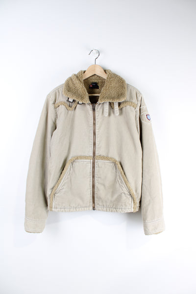 Women's light tan corduroy jacket by Diesel, features full zip closure and faux shearling lining