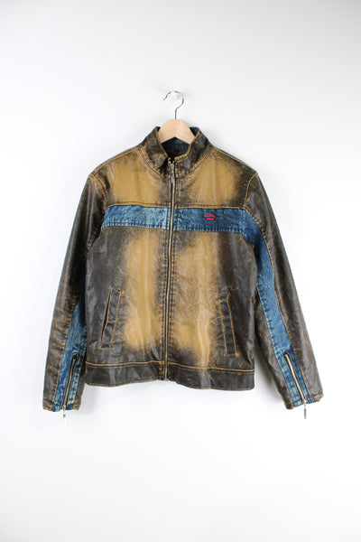 Vintage Y2K Diesel distressed biker style pleather jacket with embroidered logo on the chest and spell-out details across the shoulders