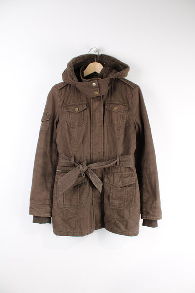 Miss Sixty all brown belted parka style coat, features multiple pockets and branded hardware