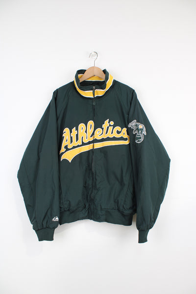 Vintage MLB Oakland Athletics A's bomber Jacket, made by Majestic. Features embroidered Athletics spellout on the chest and closes with full zip down the front.  Good Condition Size in Label: Mens L