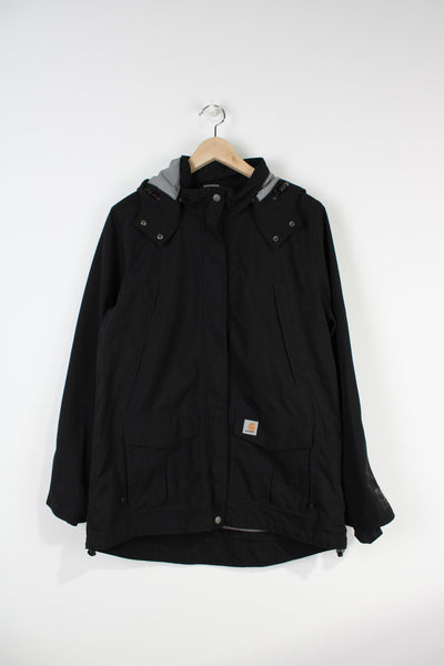 Black Carhartt zip through outdoor jacket with signature logo on the pocket
