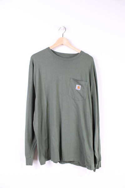 Carhartt long sleeved t-shirt in green with branded chest pocket.