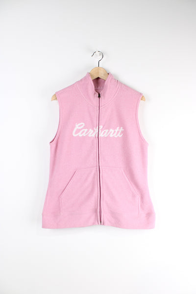 Carhartt fleece gilet in pink with Carhartt spell-out across the chest.