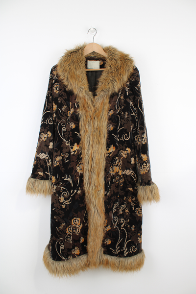 2000's full length tapestry print corduroy afghan style coat, with faux fur trim and hook and eye fastenings