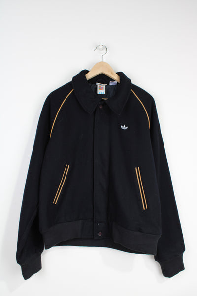 Adidas navy blue, zip through wool bomber jacket with embroidered logo on the chest 