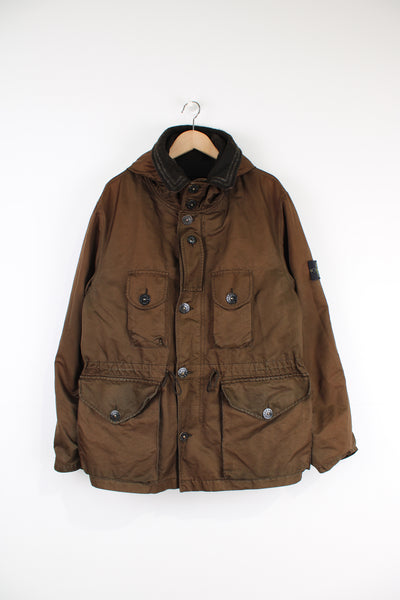 2007 A/W Stone Island brown zip through military style field jacket with hood, features removable liner and multiple pockets