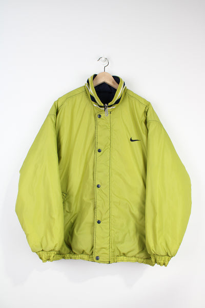 Vintage 90s Nike green and blue reversible bomber style jacket, with embroidered swoosh logo on the front and back
