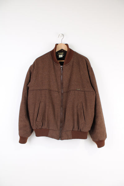 Vintage Wrangler brown wool bomber, zip through bomber jacket. Features western style yoke on the front and back, faux shearling lining and wrangler tab logo on the chest