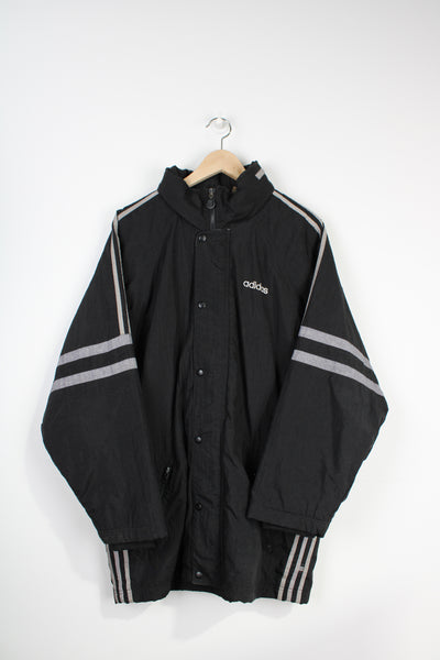 Adidas zip-through padded sports coat with embroidered three stripes on sleeves, foldaway hood and embroidered logo on chest