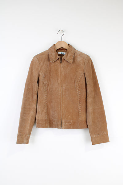 Vintage 90's New Look tan suede zip through jacket with large stitch detailing around the collar and cuffs