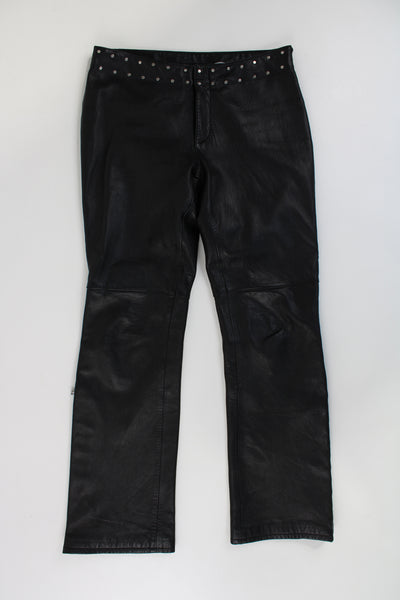 Vintage Harley Davidson all black genuine leather trousers, with studded waist band and zip up cuffs
